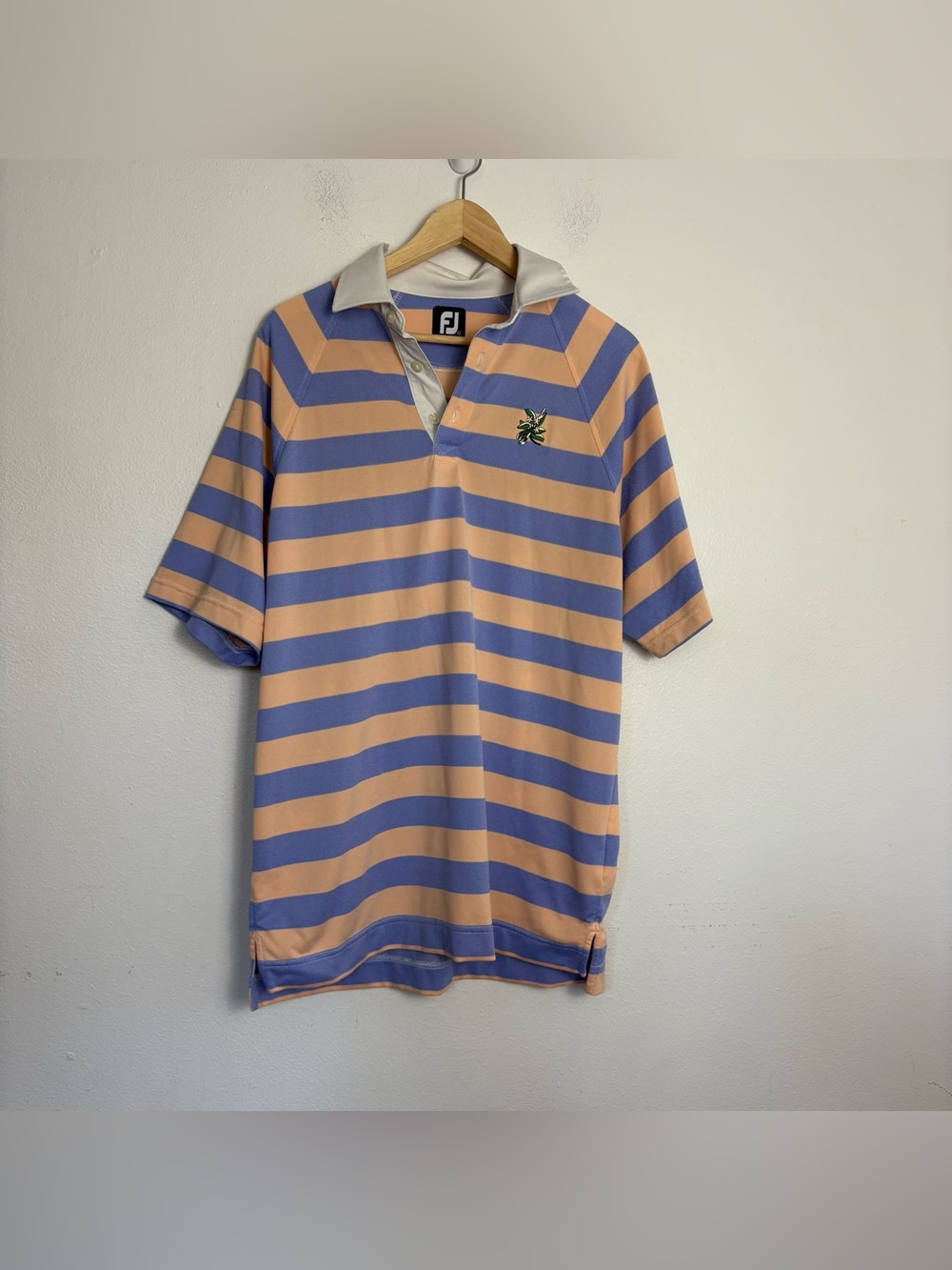 Footjoy Short Sleeve Striped Golf Polo Shirt Men's Blue/Peach Large